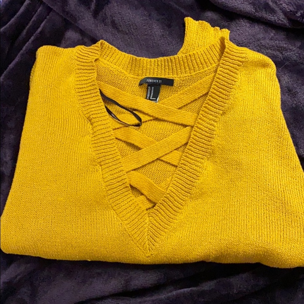 Yellow Lace Up Sweater